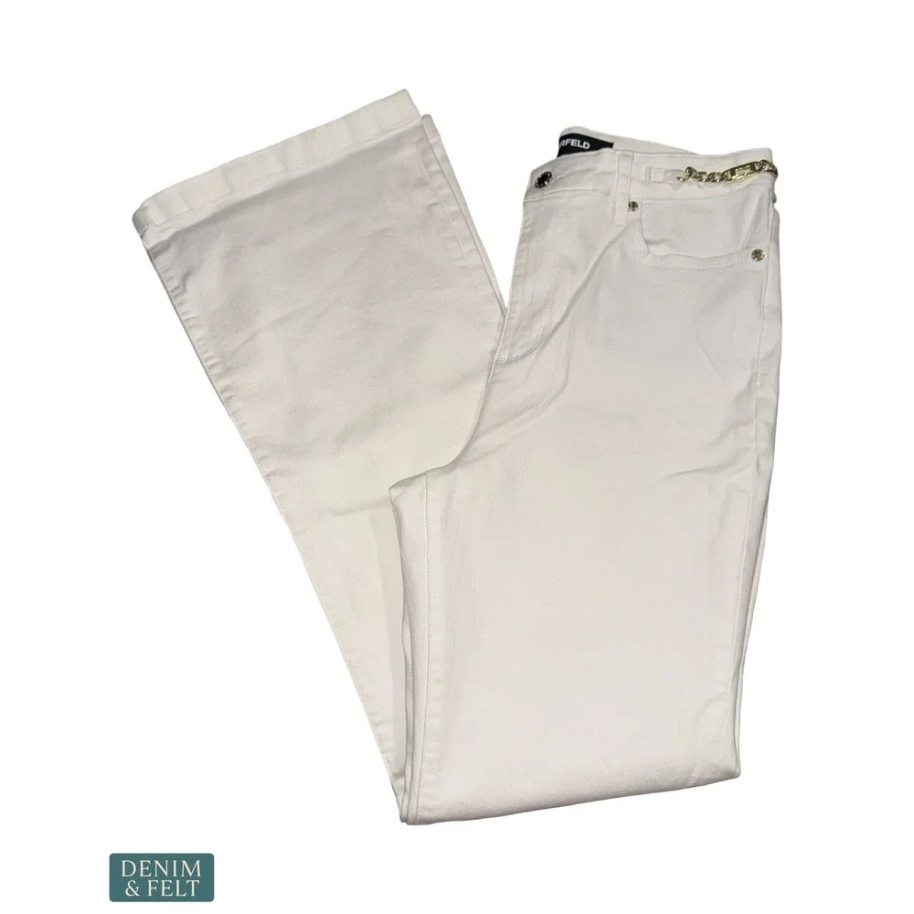 NEW Karl Lagerfeld Paris White Straight Leg Jeans Gold Chain Detail High Rise - Picture 2 of 9